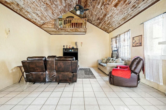 tiled living room featuring wood ceiling and vaulted ceiling