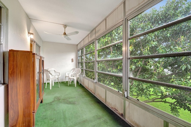 unfurnished sunroom with ceiling fan