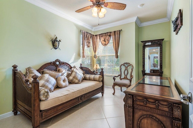 bedroom with ceiling fan, ornamental molding, a textured ceiling, and light tile patterned floors