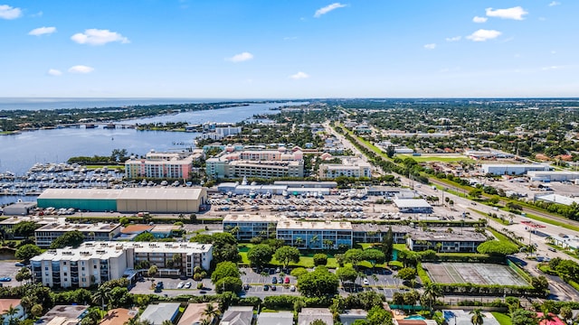 bird's eye view with a water view