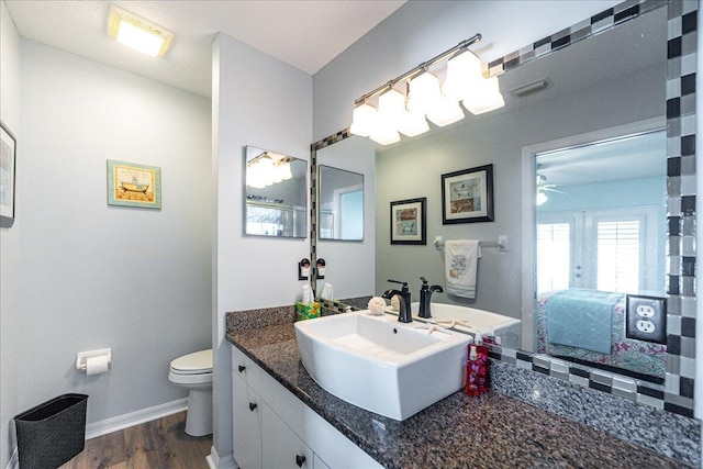 bathroom featuring vanity, hardwood / wood-style flooring, and toilet