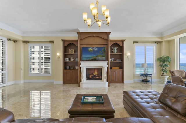 living room with crown molding and an inviting chandelier