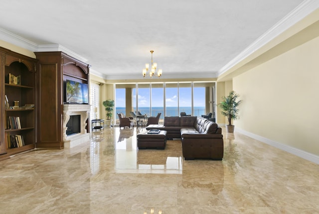 living room featuring a premium fireplace, a notable chandelier, and ornamental molding