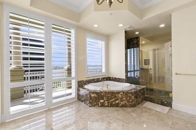 bathroom featuring plus walk in shower and crown molding