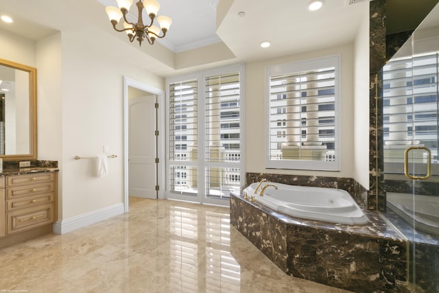 bathroom featuring a relaxing tiled tub, ornamental molding, vanity, and an inviting chandelier