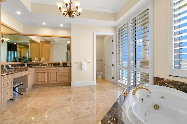 bathroom featuring vanity, ornamental molding, a relaxing tiled tub, and an inviting chandelier