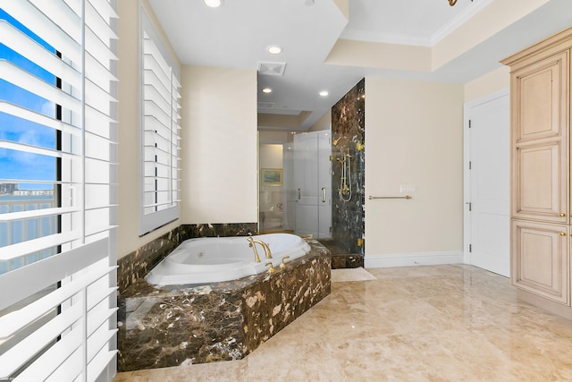 bathroom featuring separate shower and tub and crown molding