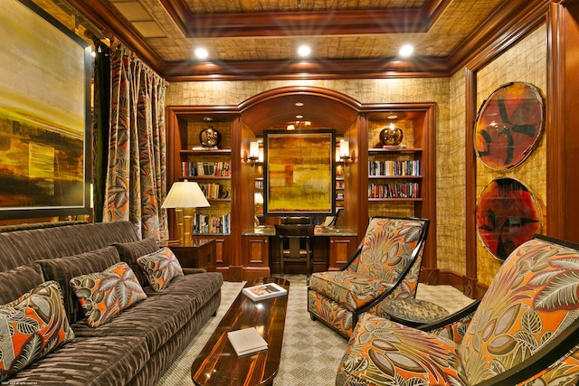 living area featuring carpet flooring, built in shelves, and ornamental molding