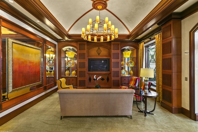 interior space featuring crown molding, carpet, lofted ceiling, and a notable chandelier