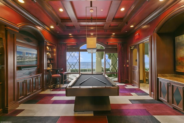 recreation room featuring beamed ceiling, ornamental molding, coffered ceiling, and billiards