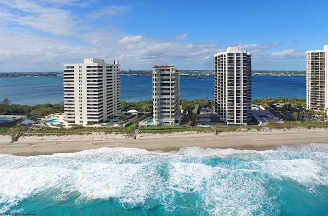 drone / aerial view with a water view and a view of the beach