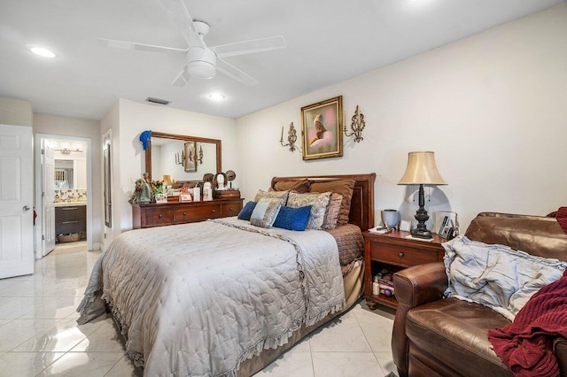 bedroom featuring connected bathroom and ceiling fan