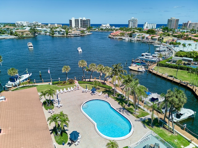 aerial view featuring a water view