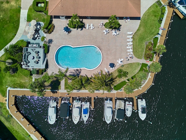 aerial view featuring a water view