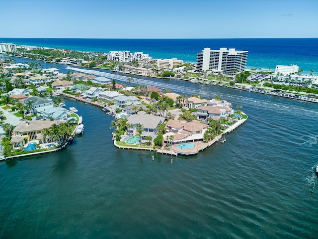 bird's eye view with a water view