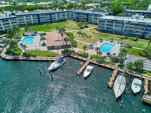 aerial view featuring a water view