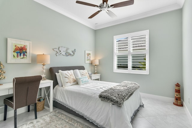 tiled bedroom featuring ceiling fan and crown molding