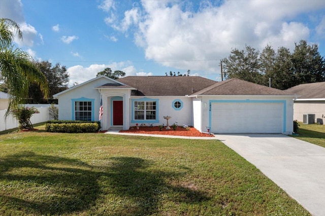 ranch-style house with a garage, central air condition unit, and a front yard