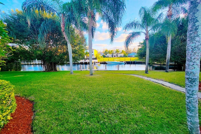 yard at dusk with a water view