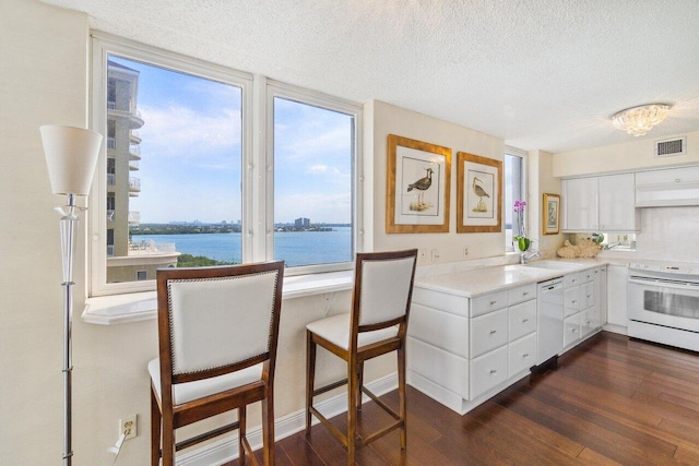 kitchen featuring dark hardwood / wood-style flooring, white appliances, a textured ceiling, a water view, and white cabinetry