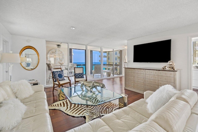 living room featuring floor to ceiling windows, wood-type flooring, and a textured ceiling