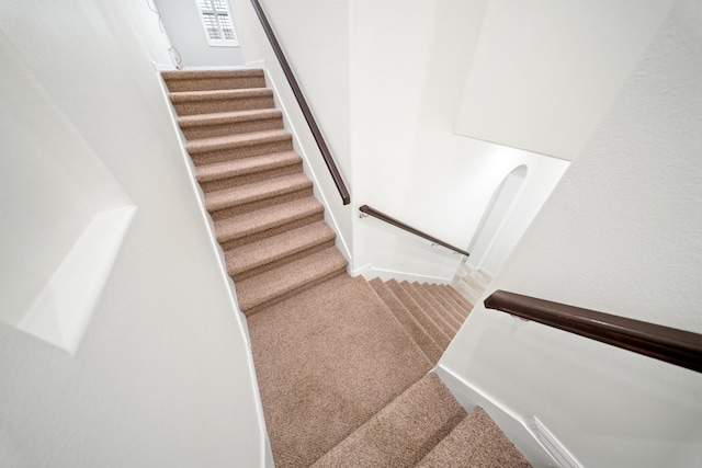 staircase featuring carpet