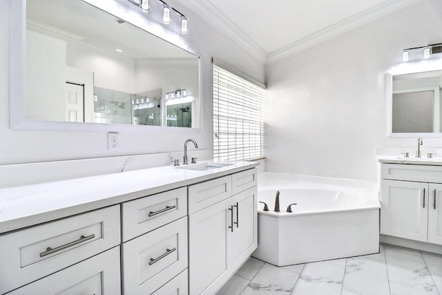 bathroom featuring vanity, separate shower and tub, and ornamental molding