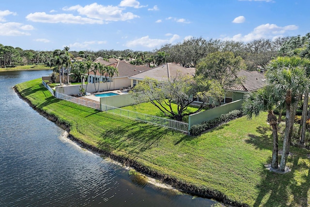 drone / aerial view featuring a water view