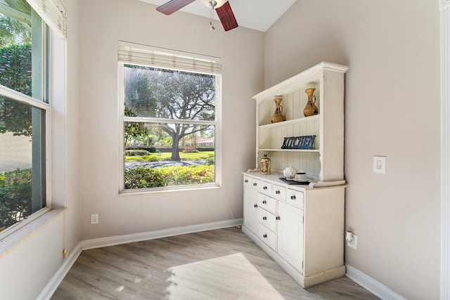 interior space featuring ceiling fan, a healthy amount of sunlight, and light wood-type flooring