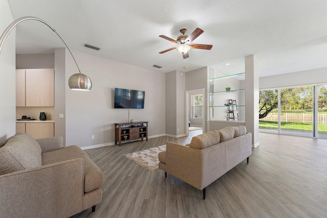 living room with wood-type flooring, a textured ceiling, ceiling fan, and a healthy amount of sunlight