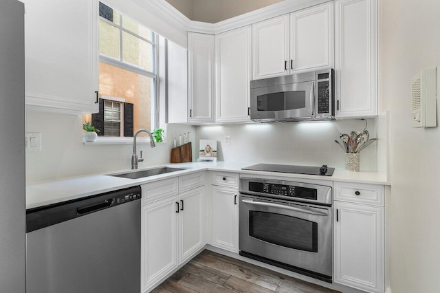 kitchen with white cabinets, stainless steel appliances, dark hardwood / wood-style floors, and sink