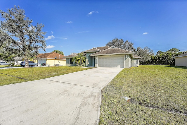 single story home featuring a front yard and a garage