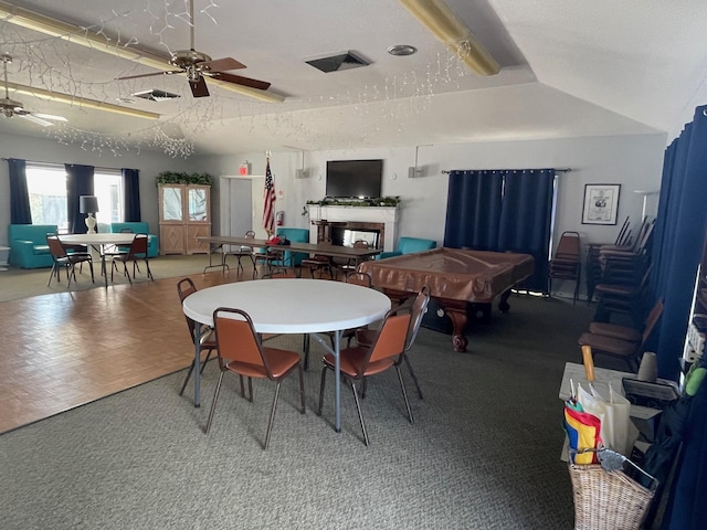 dining room with ceiling fan, pool table, a textured ceiling, and parquet flooring