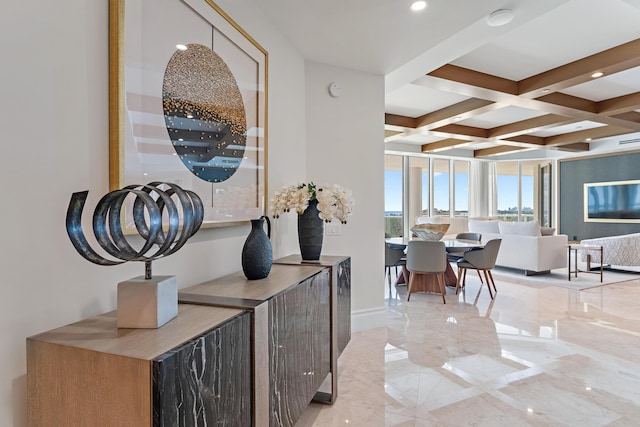 hallway featuring beam ceiling and coffered ceiling