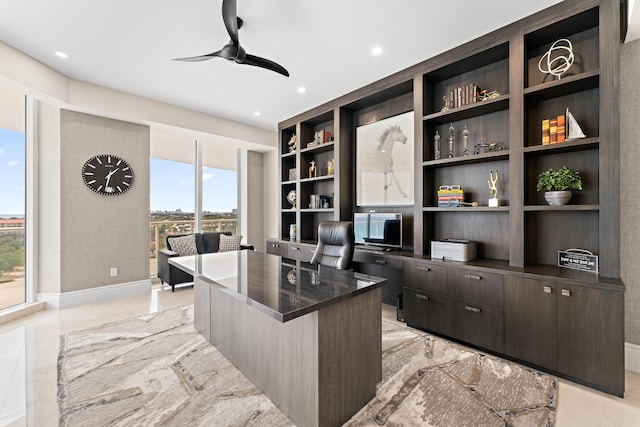 office with ceiling fan and built in features