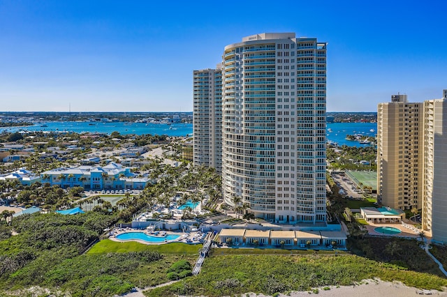 aerial view featuring a water view