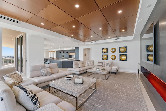 living room featuring a tray ceiling