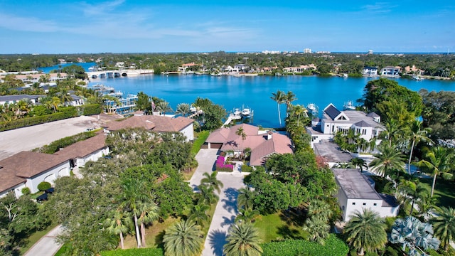 aerial view featuring a water view