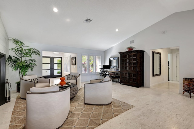 living room with french doors and vaulted ceiling