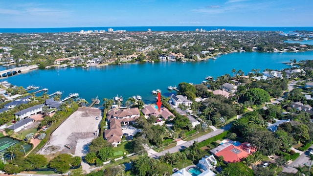 drone / aerial view featuring a water view