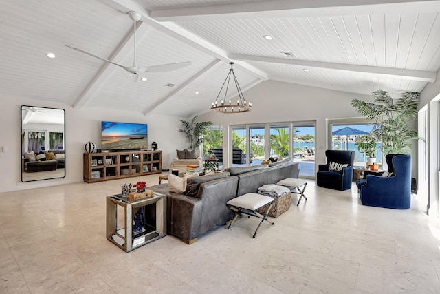 living room with beamed ceiling, ceiling fan with notable chandelier, and high vaulted ceiling