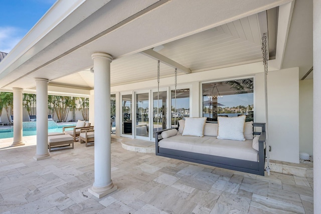 view of patio featuring french doors, an outdoor living space, and a fenced in pool