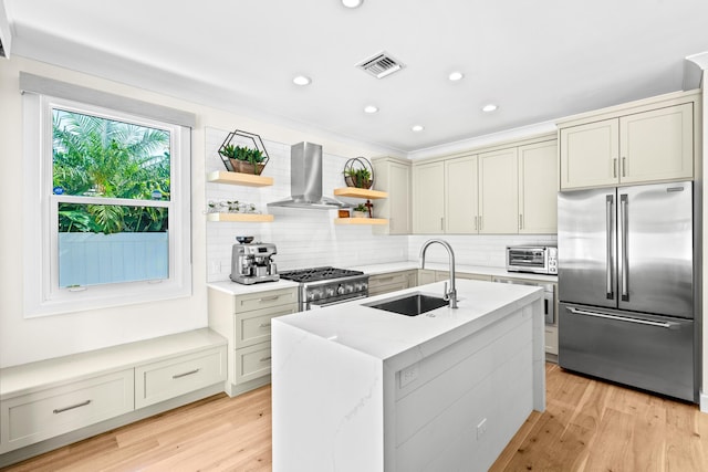 kitchen featuring island exhaust hood, light stone countertops, premium appliances, sink, and an island with sink