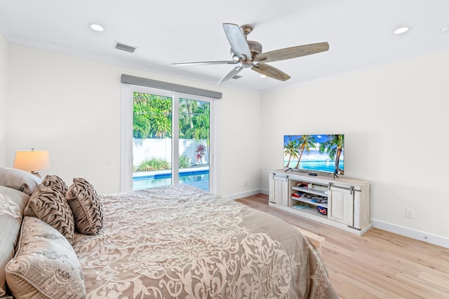 bedroom with access to outside, ceiling fan, light hardwood / wood-style floors, and ornamental molding