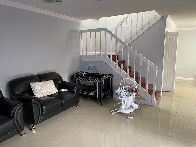 tiled living room with crown molding