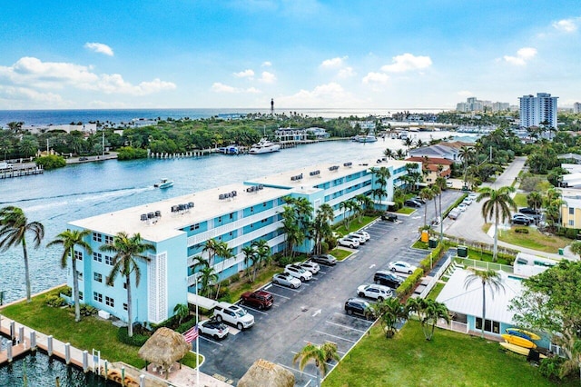 drone / aerial view with a water view