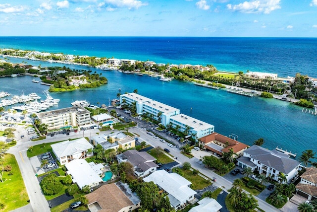 bird's eye view with a water view