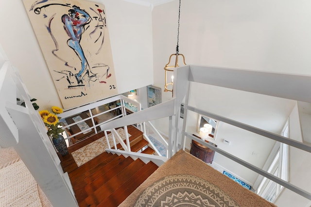 staircase with hardwood / wood-style floors