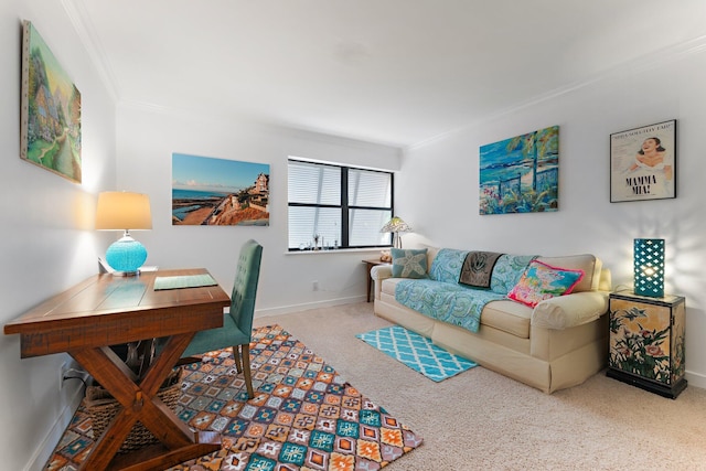 carpeted living room featuring ornamental molding