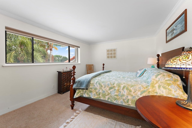 carpeted bedroom with ornamental molding